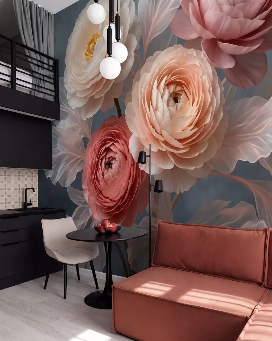 wall murals Букет божура и ранункулуса у бресквастим и ружичастим нијансама на тамној позадини w09926