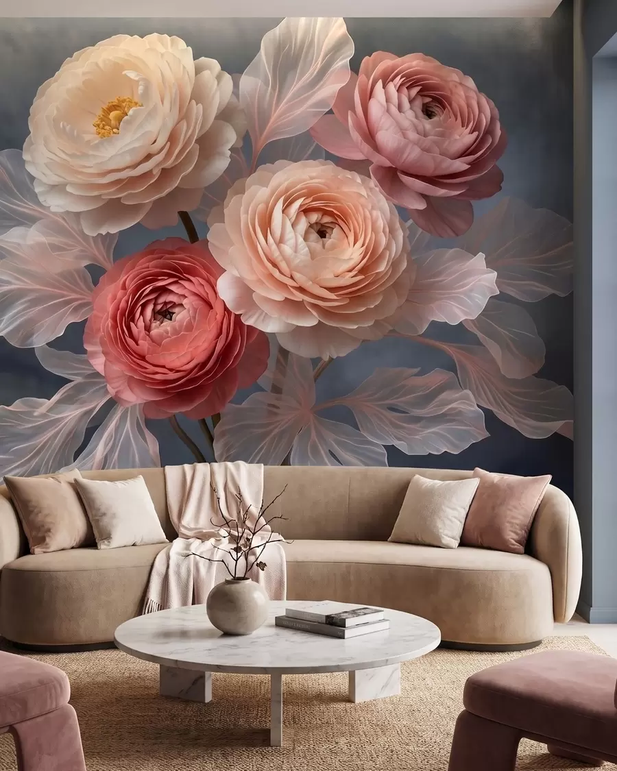 wall murals Букет божура и ранункулуса у бресквастим и ружичастим нијансама на тамној позадини w09926