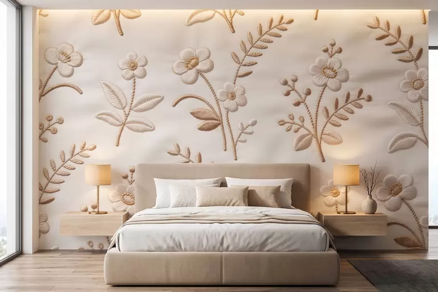 wall murals Имитација везног цветног узорка са жутим концем на тканини w09953