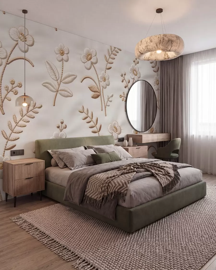 wall murals Имитација везног цветног узорка са жутим концем на тканини w09953