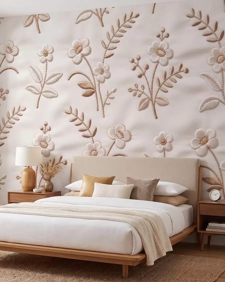 wall murals Имитација везног цветног узорка са жутим концем на тканини w09953