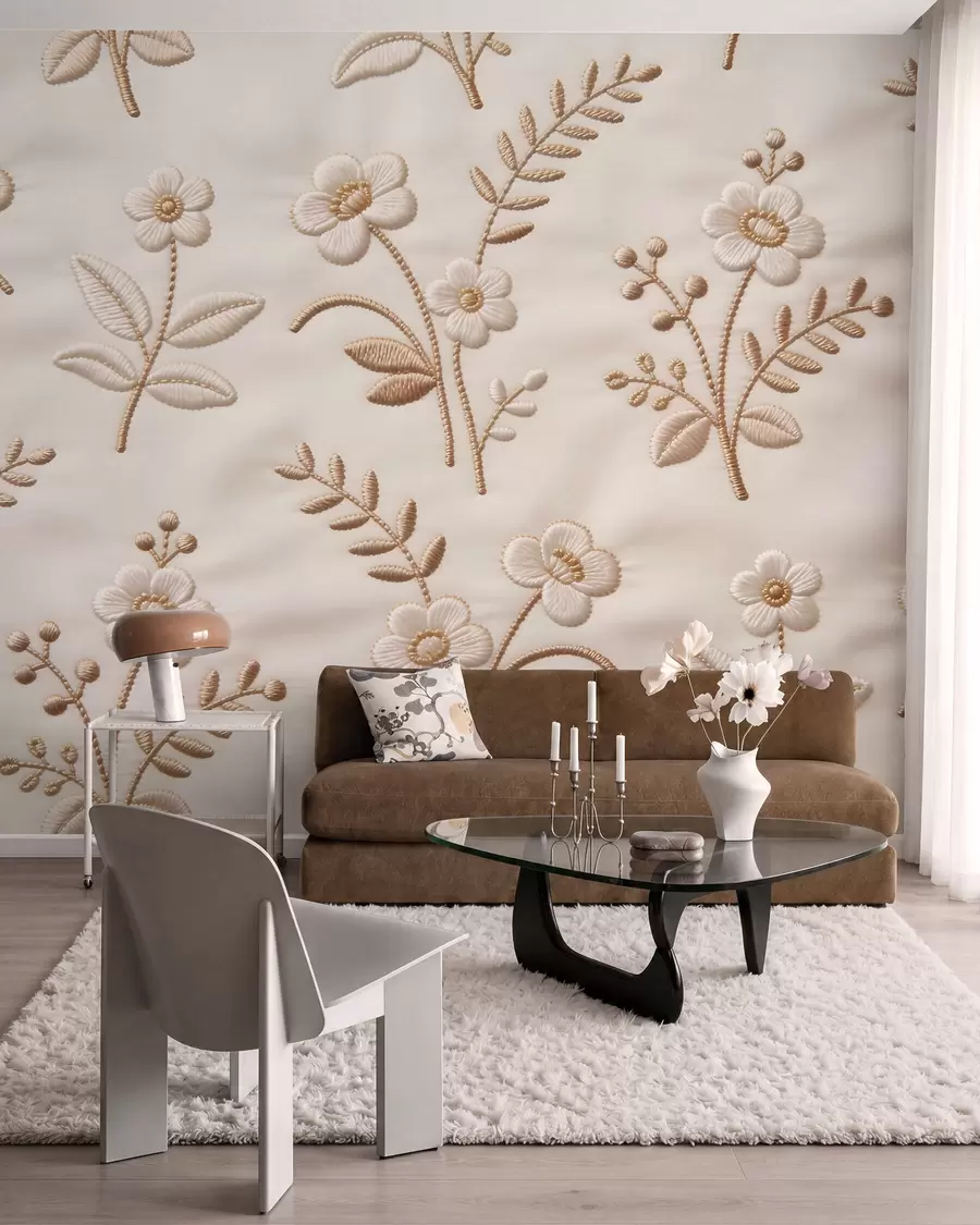 wall murals Имитација везног цветног узорка са жутим концем на тканини w09953