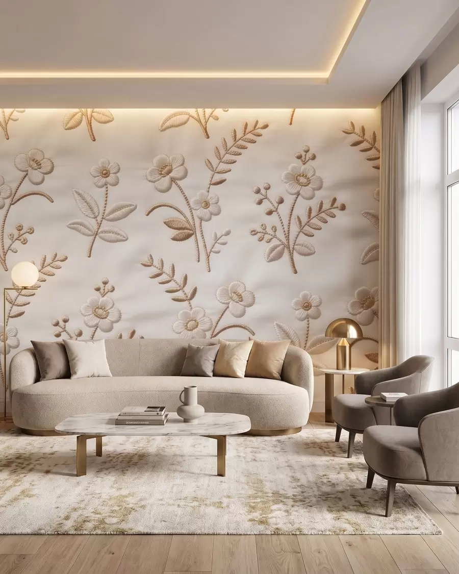 wall murals Имитација везног цветног узорка са жутим концем на тканини w09953