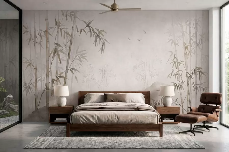wall murals Магловити бамбусов гај поред мирних вода w05732