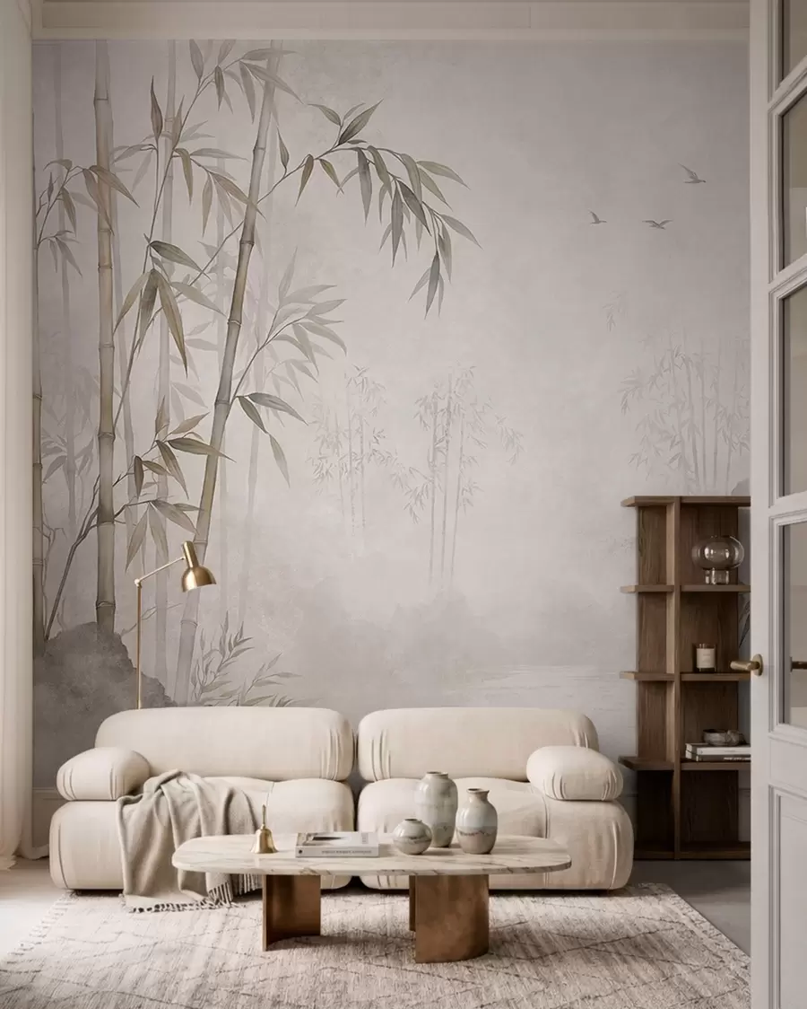 wall murals Магловити бамбусов гај поред мирних вода w05732