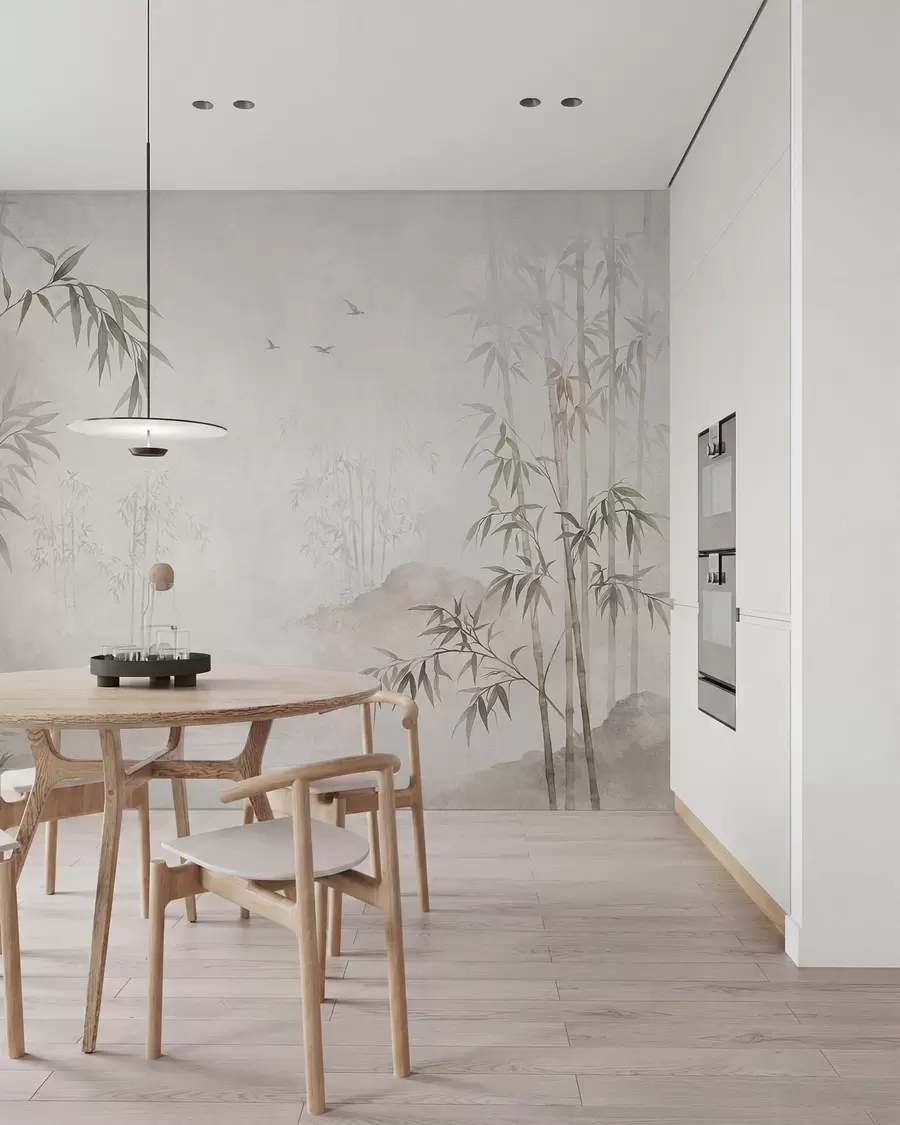 wall murals Магловити бамбусов гај поред мирних вода w05732