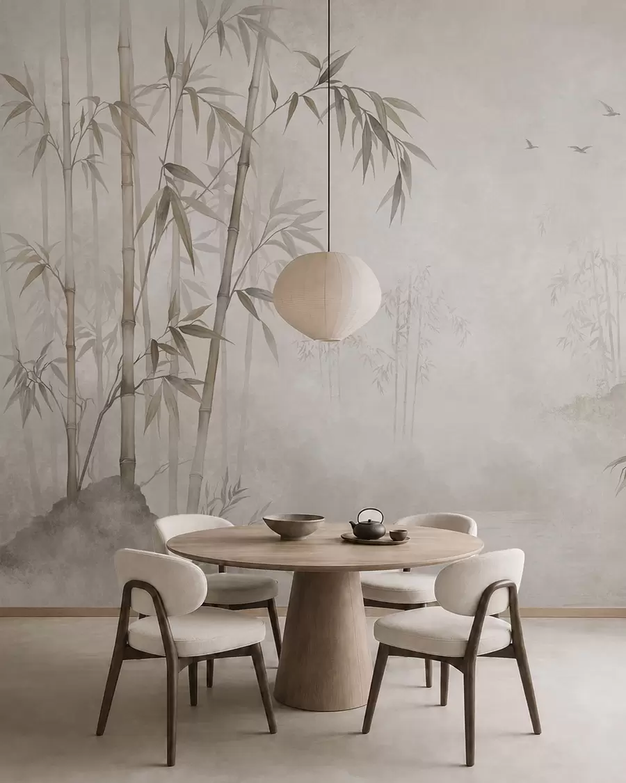 wall murals Магловити бамбусов гај поред мирних вода w05732