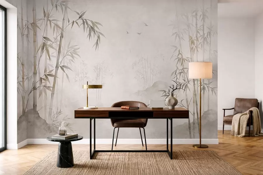 wall murals Магловити бамбусов гај поред мирних вода w05732