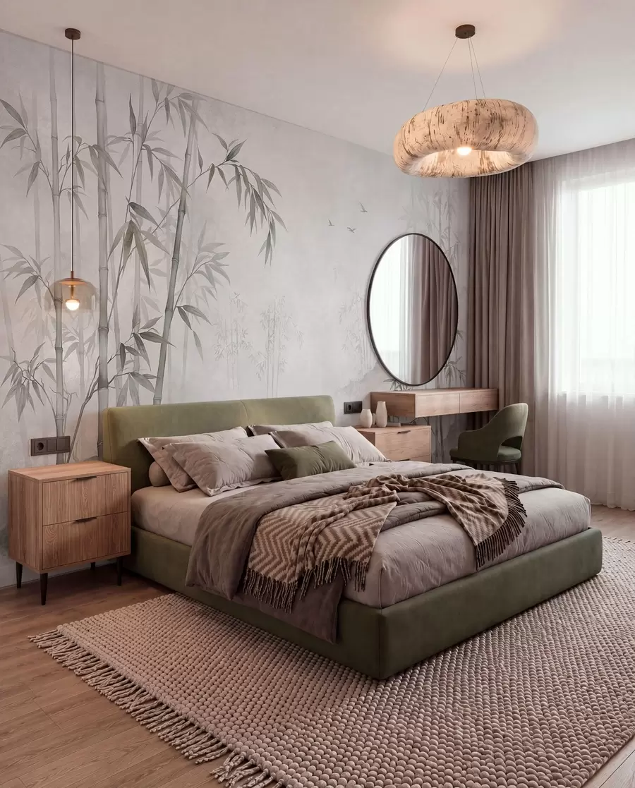 wall murals Магловити монохроматски бамбусов гај поред мирних вода w05732v1