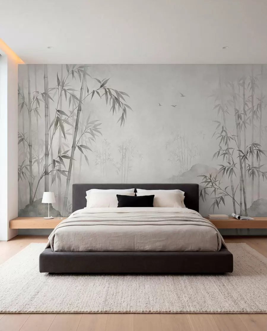 wall murals Магловити монохроматски бамбусов гај поред мирних вода w05732v1