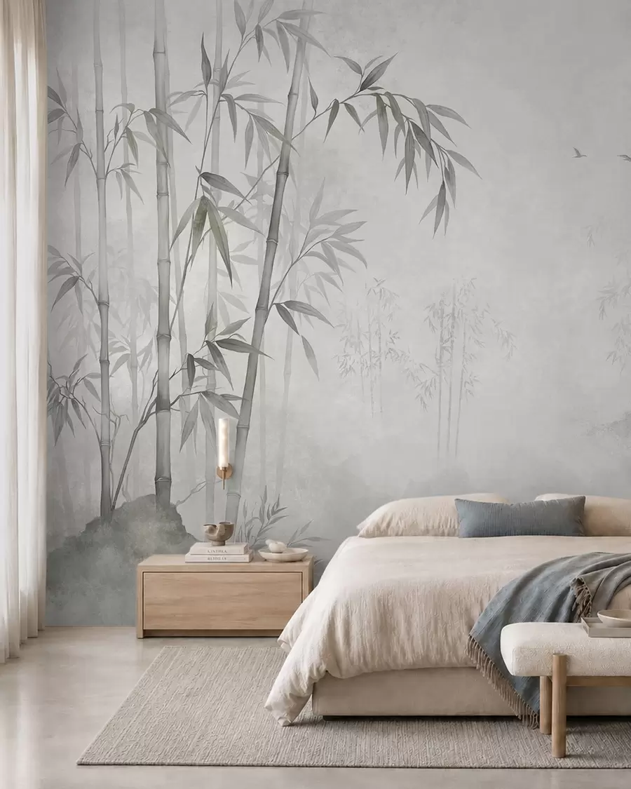 wall murals Магловити монохроматски бамбусов гај поред мирних вода w05732v1