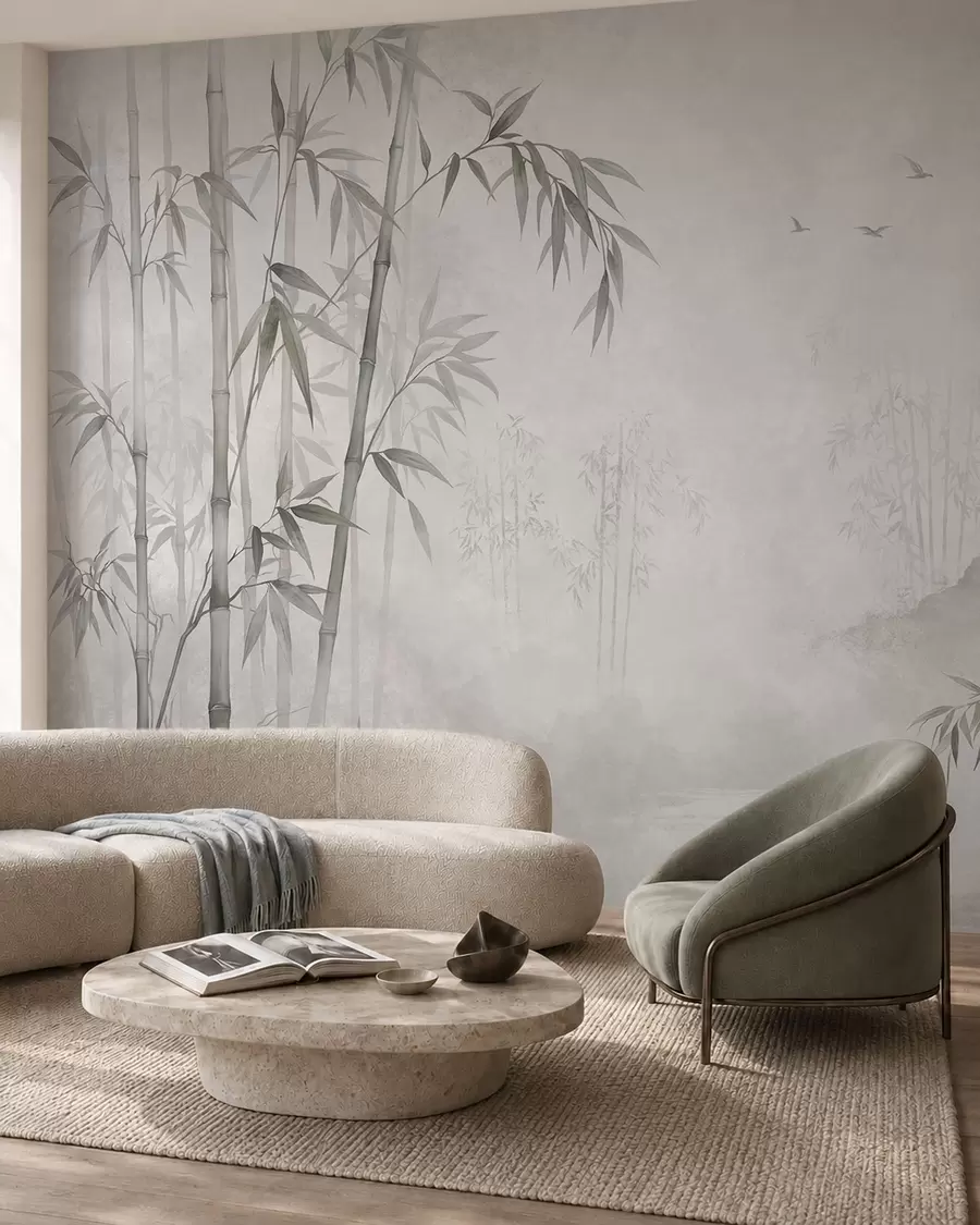 wall murals Магловити монохроматски бамбусов гај поред мирних вода w05732v1
