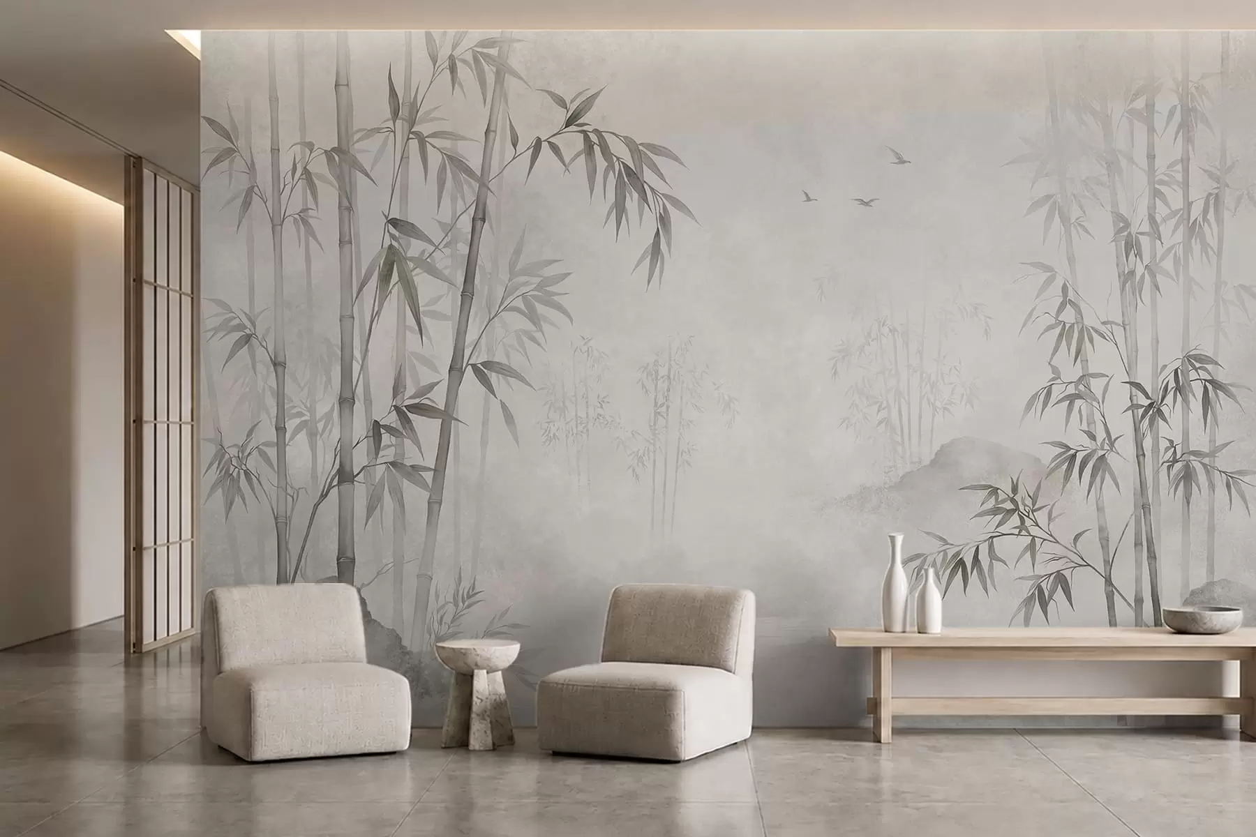 wall murals Магловити монохроматски бамбусов гај поред мирних вода w05732v1