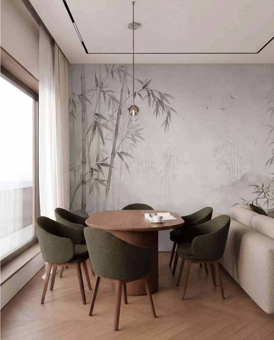 wall murals Магловити монохроматски бамбусов гај поред мирних вода w05732v1