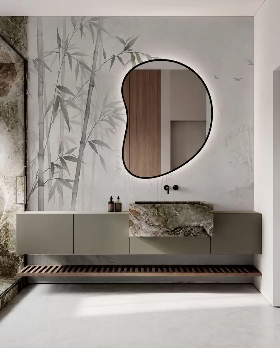 wall murals Магловити монохроматски бамбусов гај поред мирних вода w05732v1