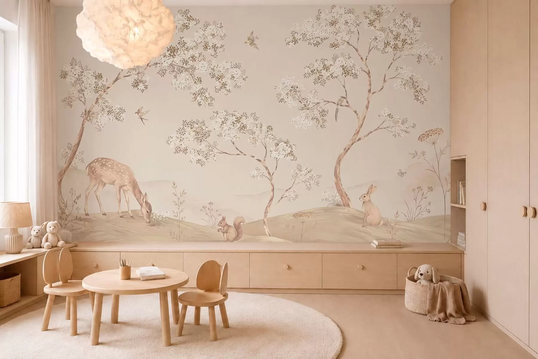 wall murals Цветајуће дрвеће са јеленом, зецем и веверицом w05809