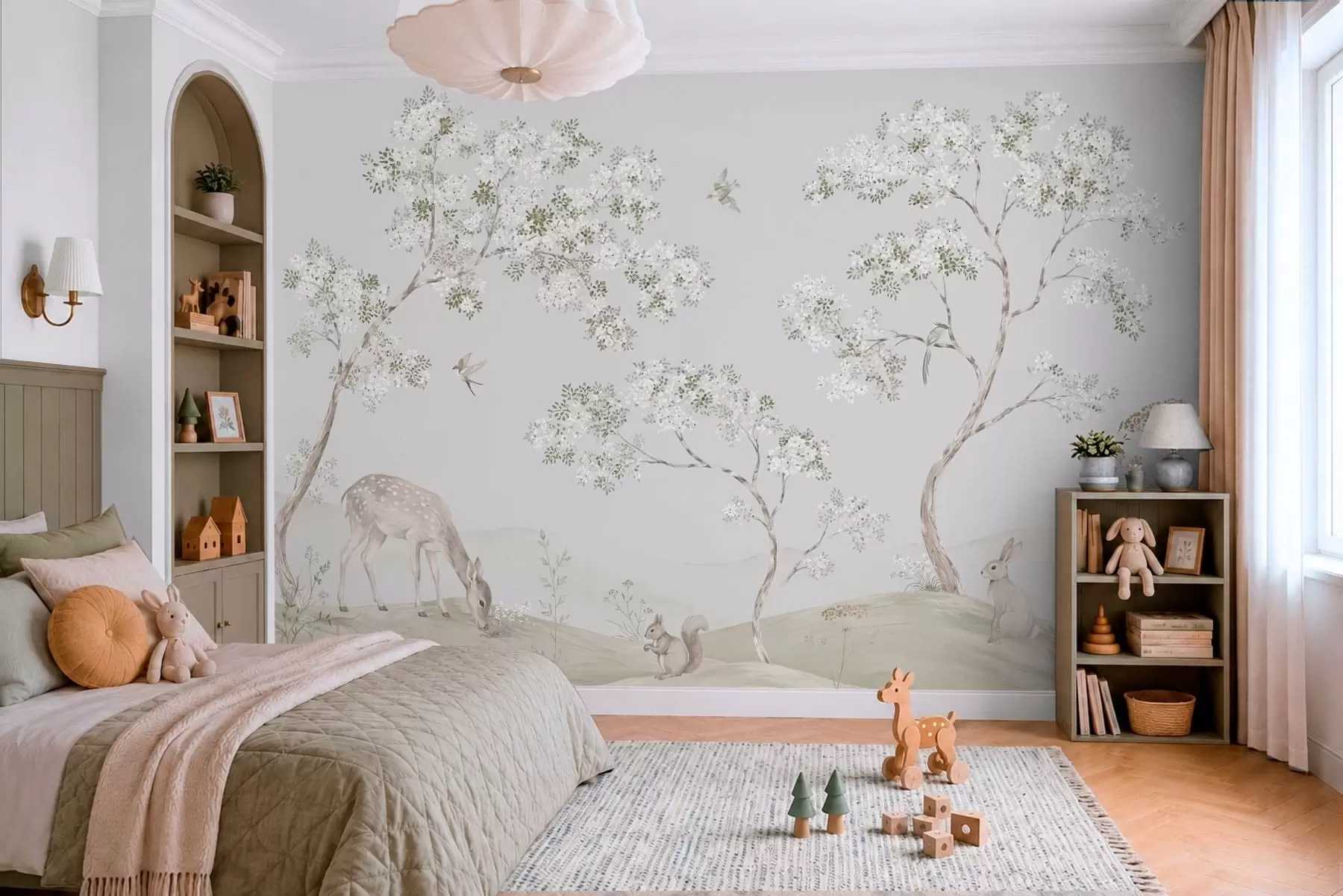 wall murals Цветајуће дрвеће са јеленом, зецем и веверицом у нијансама плаве w05809v1