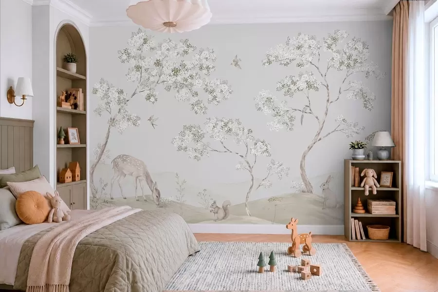 wall murals Цветајуће дрвеће са јеленом, зецем и веверицом у нијансама плаве w05809v1