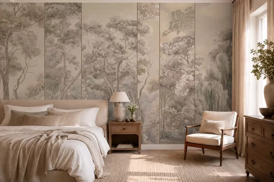 wall murals Панорамска шума са високим дрвећем у меким, топлим тоновима w05811