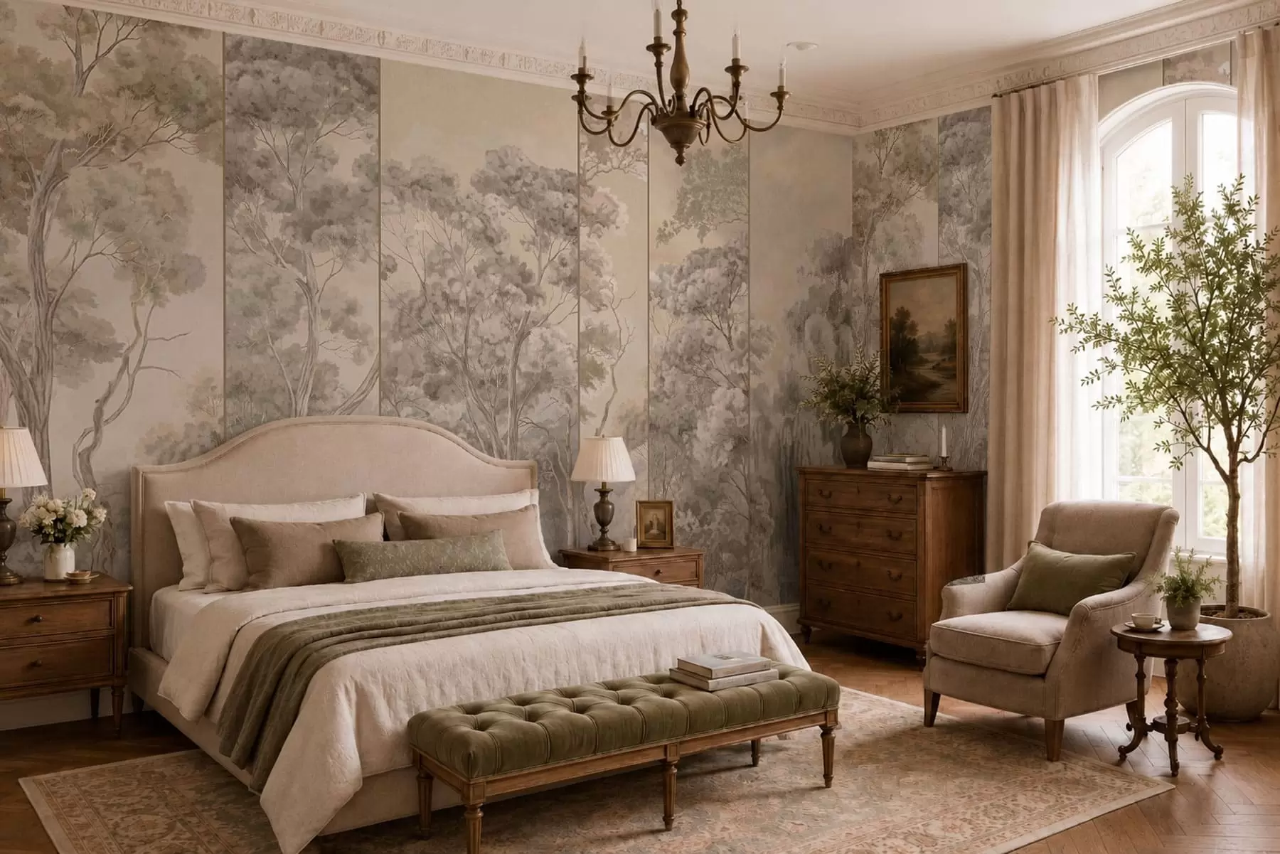 wall murals Панорамска шума са високим дрвећем у меким, топлим тоновима w05811