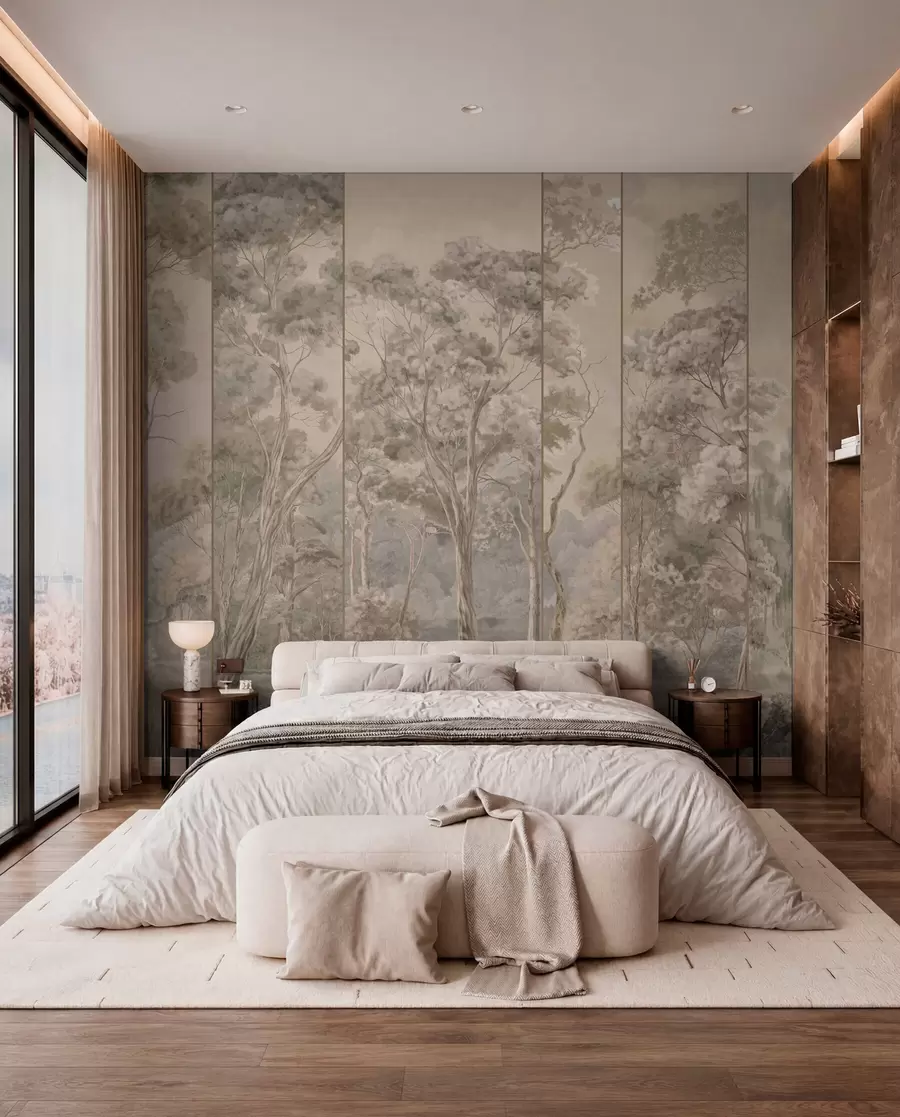wall murals Панорамска шума са високим дрвећем у меким, топлим тоновима w05811