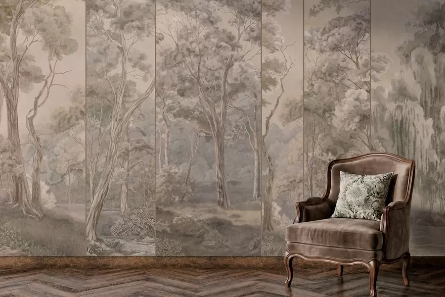 wall murals Панорамска шума са високим дрвећем у меким, топлим тоновима w05811
