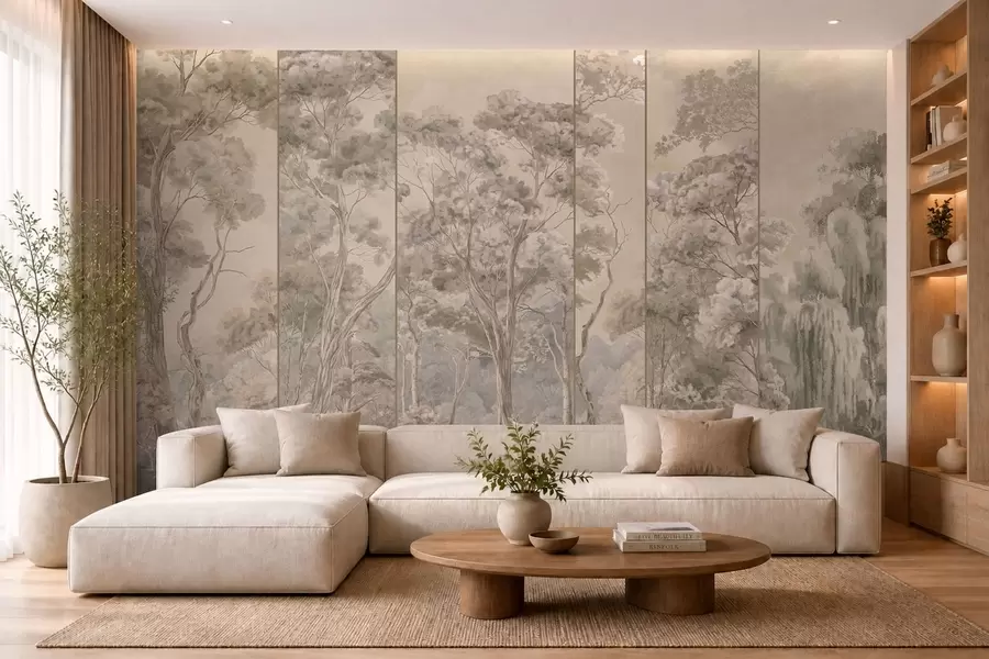 wall murals Панорамска шума са високим дрвећем у меким, топлим тоновима w05811