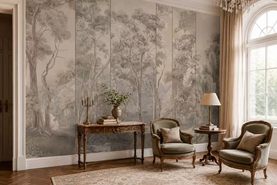 wall murals Панорамска шума са високим дрвећем у меким, топлим тоновима w05811