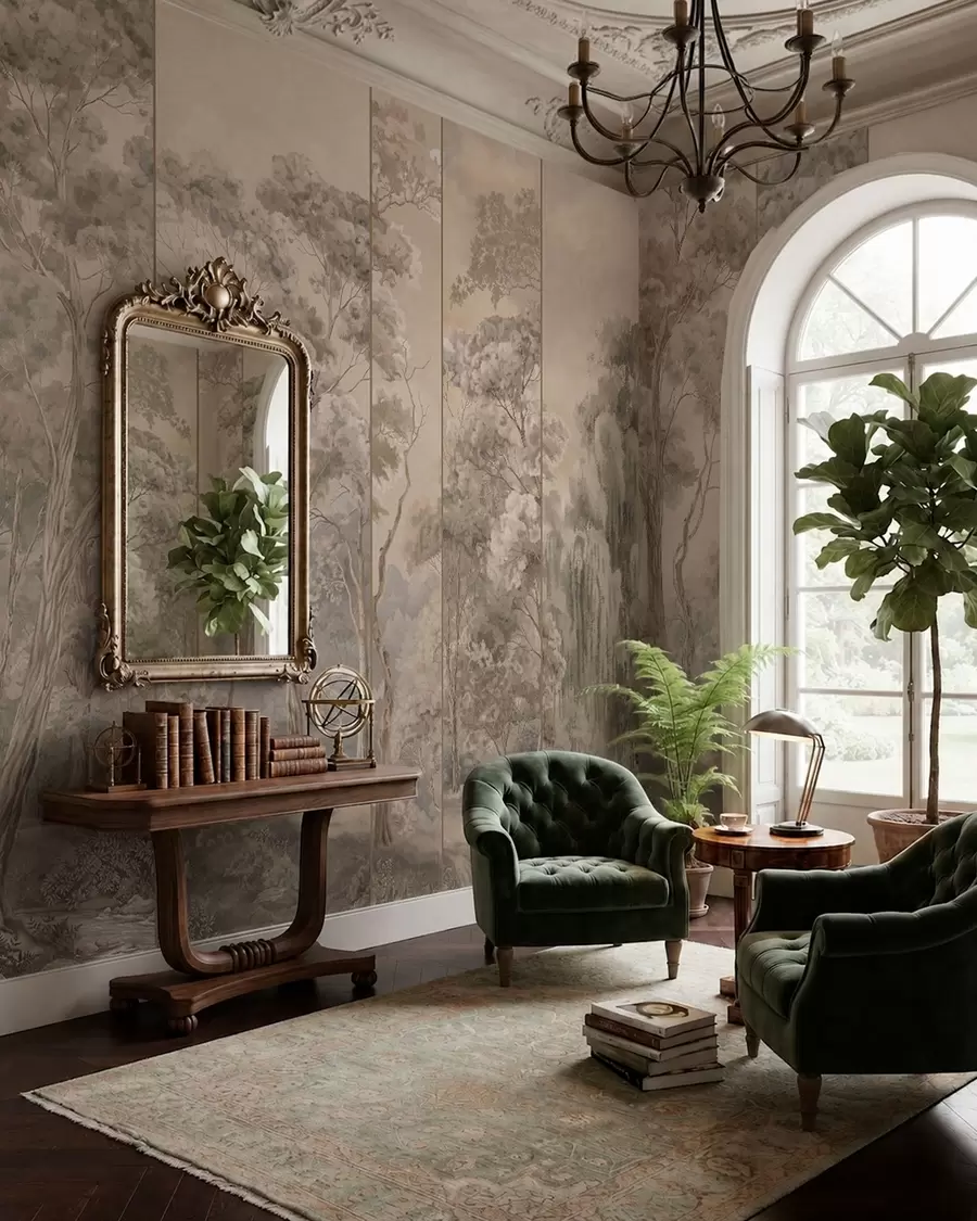 wall murals Панорамска шума са високим дрвећем у меким, топлим тоновима w05811