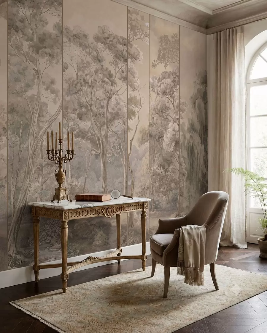 wall murals Панорамска шума са високим дрвећем у меким, топлим тоновима w05811