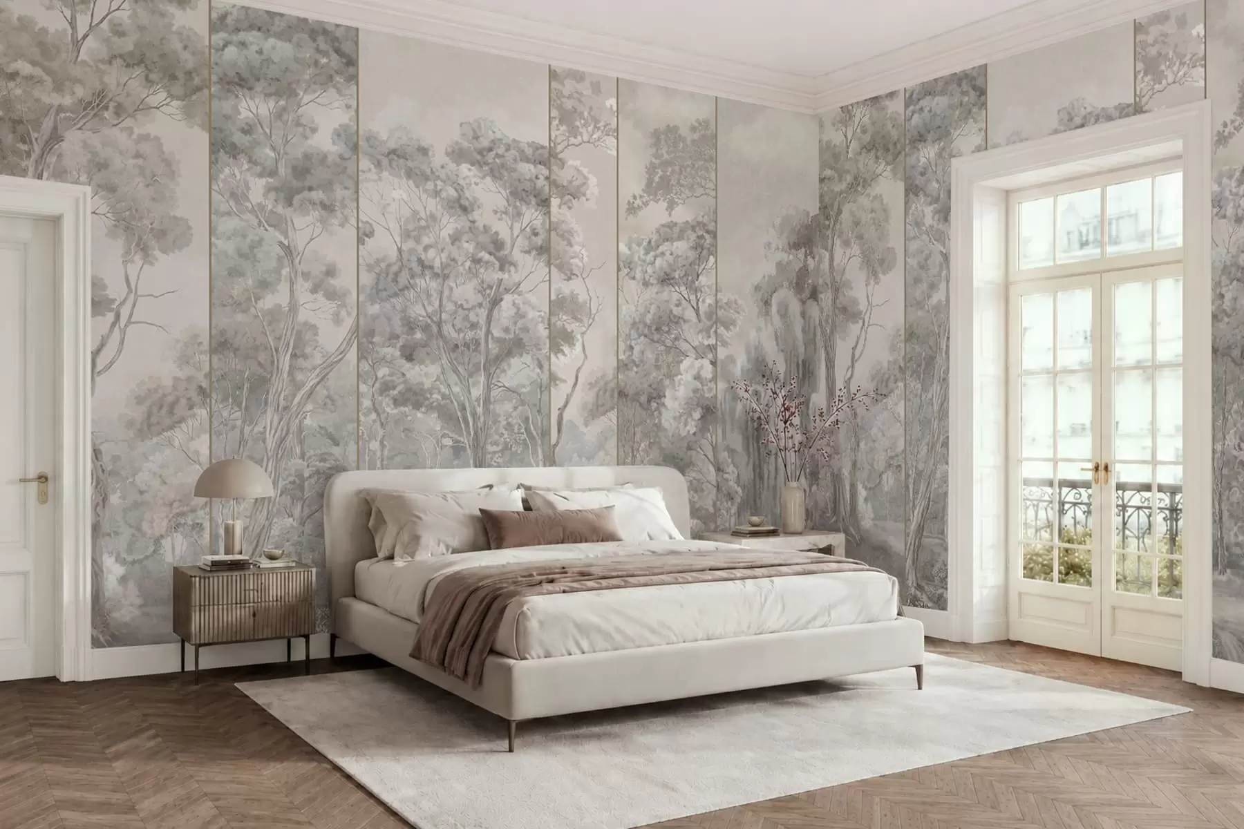 wall murals Панорамска шума са високим дрвећем у меким, хладним тоновима w05811v1