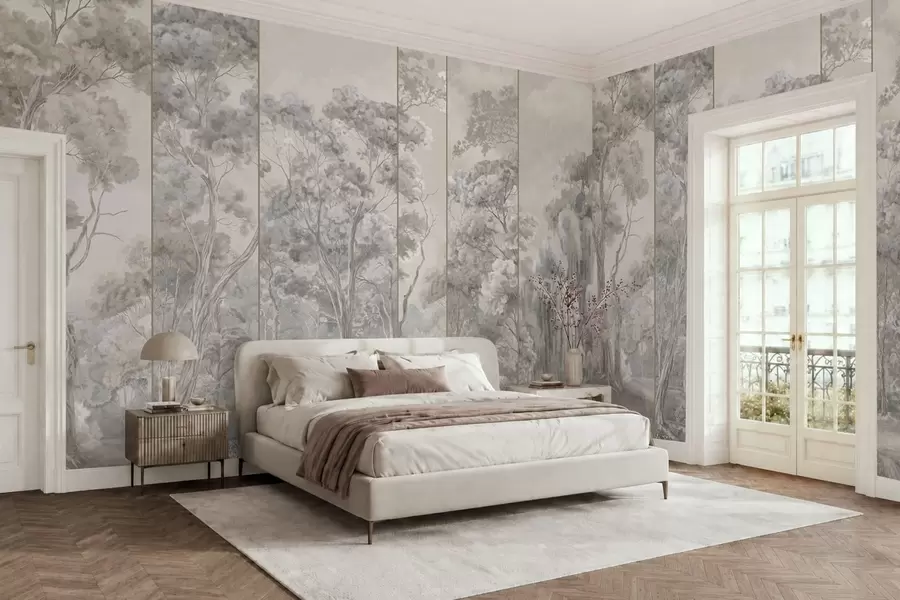 wall murals Панорамска шума са високим дрвећем у меким, хладним тоновима w05811v1