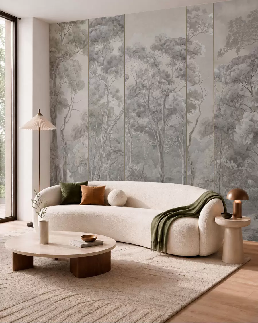 wall murals Панорамска шума са високим дрвећем у меким, хладним тоновима w05811v1