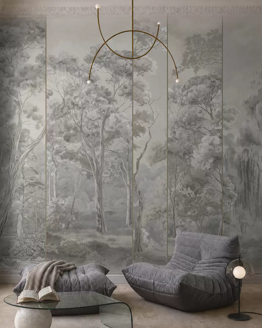 wall murals Панорамска шума са високим дрвећем у меким, хладним тоновима w05811v1