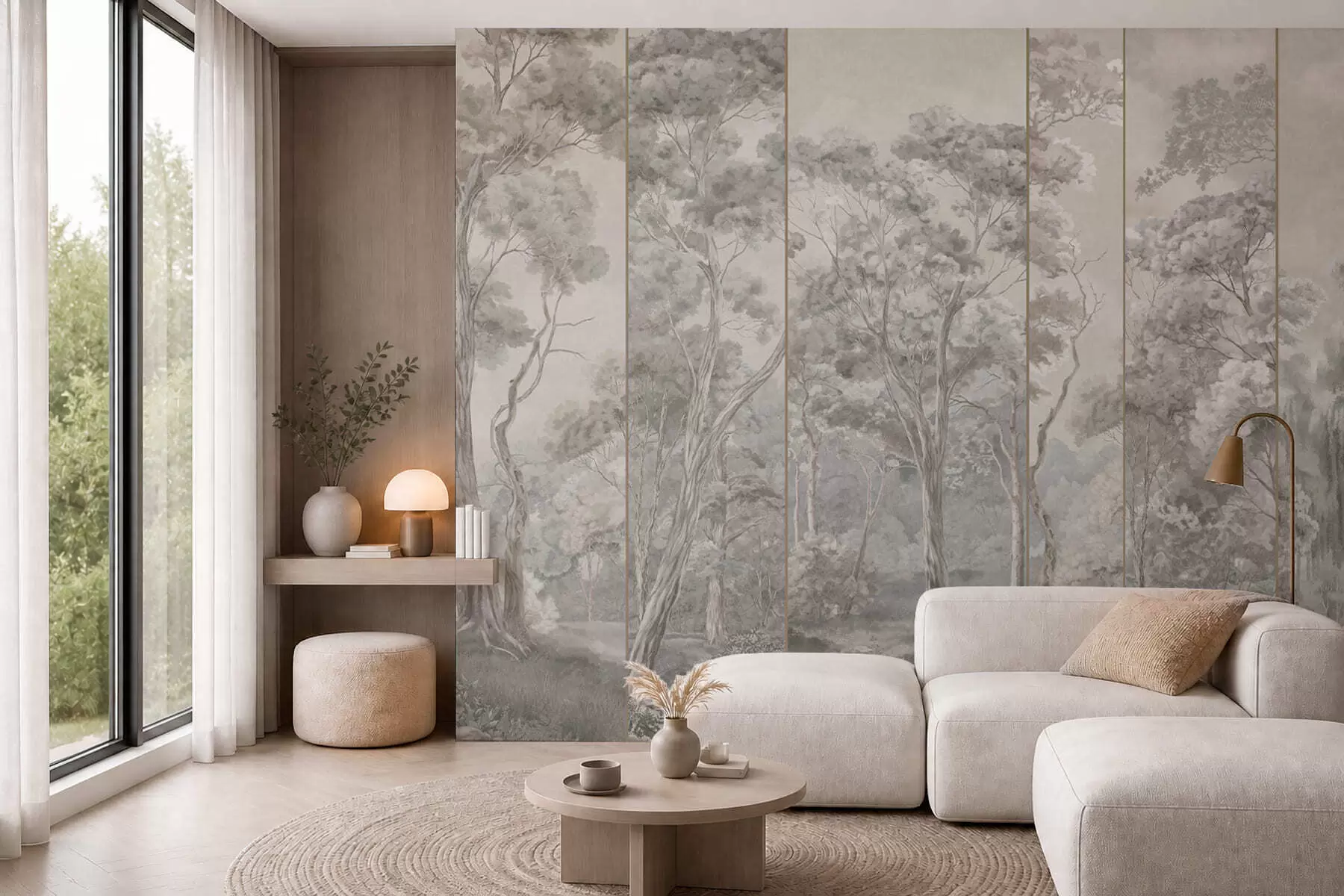 wall murals Панорамска шума са високим дрвећем у меким, хладним тоновима w05811v1