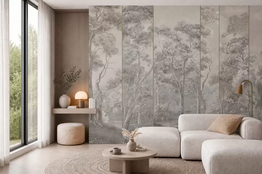 wall murals Панорамска шума са високим дрвећем у меким, хладним тоновима w05811v1