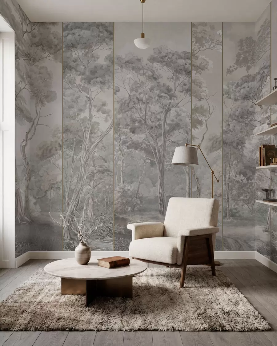 wall murals Панорамска шума са високим дрвећем у меким, хладним тоновима w05811v1