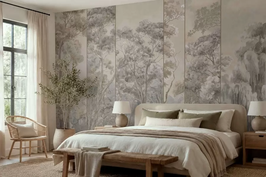 wall murals Панорамска шума са високим дрвећем у меким тоновима w05811v2