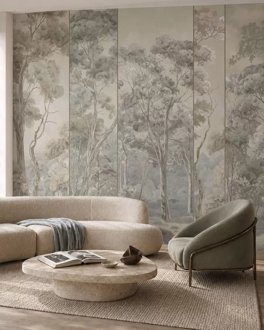 wall murals Панорамска шума са високим дрвећем у меким тоновима w05811v2