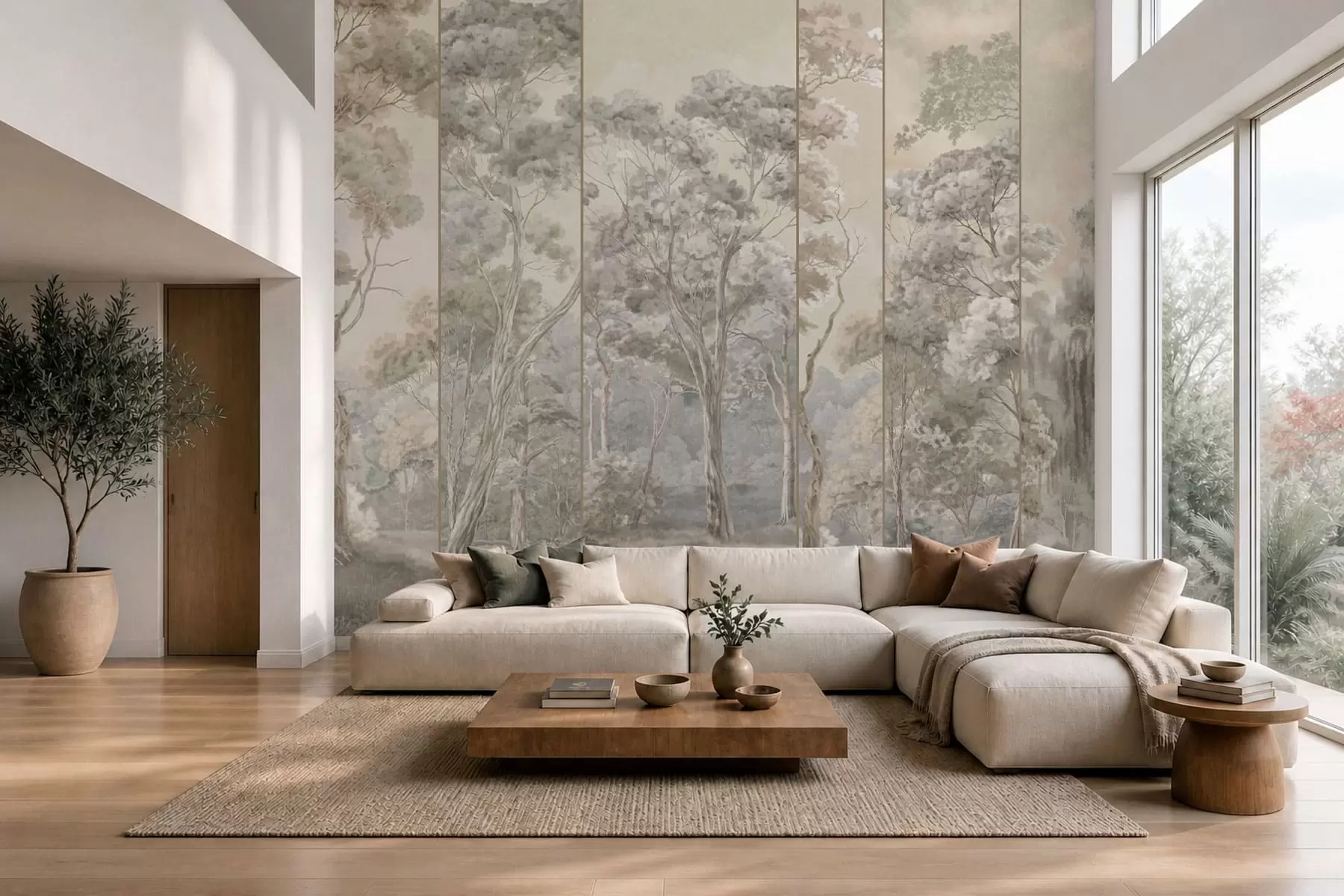 wall murals Панорамска шума са високим дрвећем у меким тоновима w05811v2