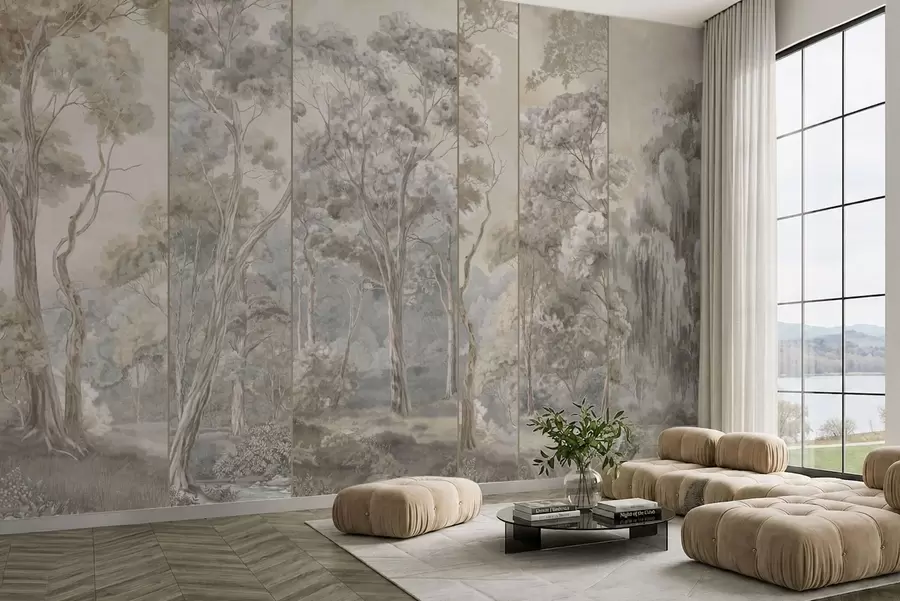 wall murals Панорамска шума са високим дрвећем у меким тоновима w05811v2