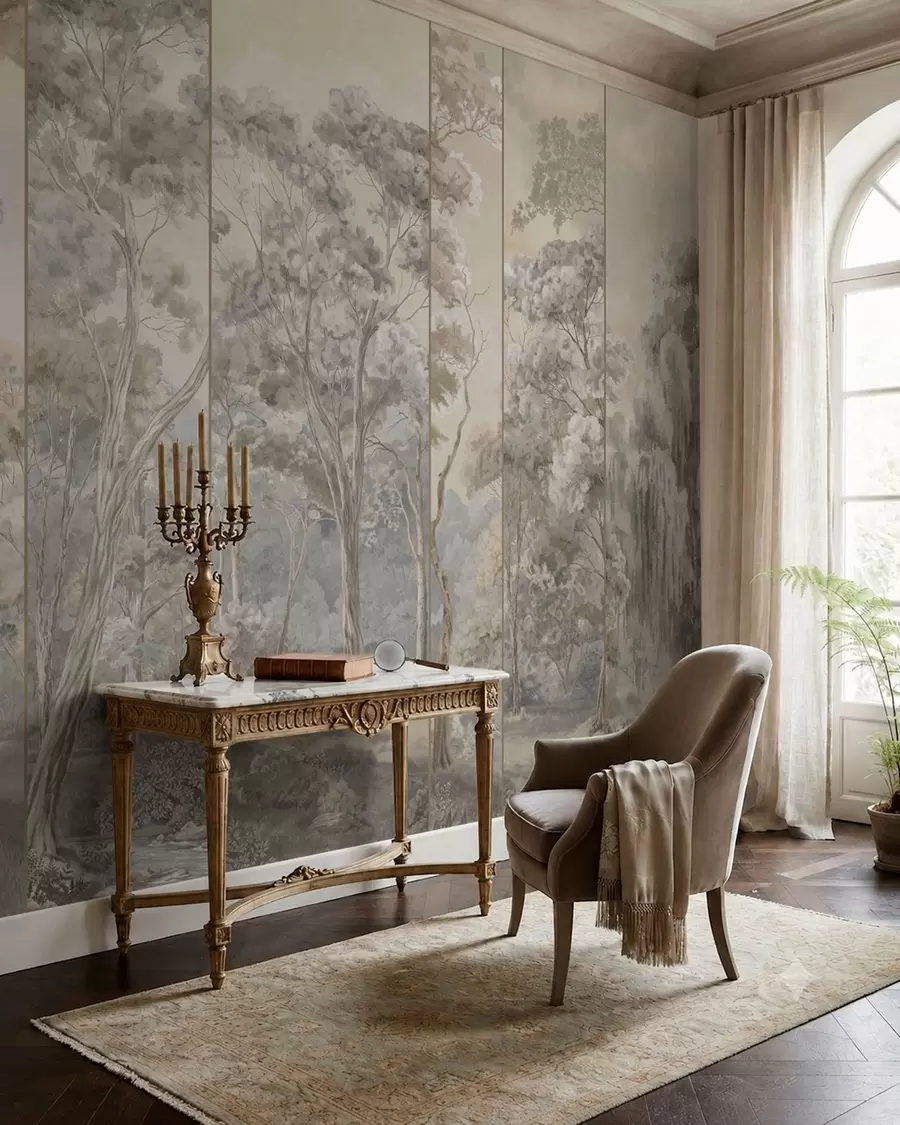 wall murals Панорамска шума са високим дрвећем у меким тоновима w05811v2
