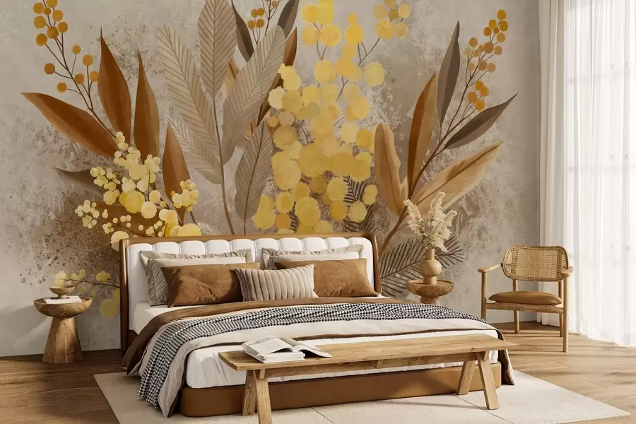 wall murals Осликане гране мимозе и хербаријум у топлим нијансама w05659