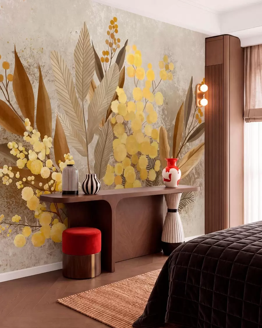 wall murals Осликане гране мимозе и хербаријум у топлим нијансама w05659