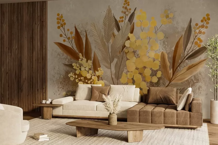 wall murals Осликане гране мимозе и хербаријум у топлим нијансама w05659