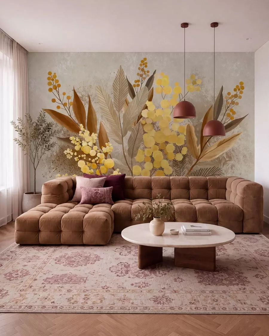 wall murals Осликане гране мимозе и хербаријум у топлим нијансама w05659