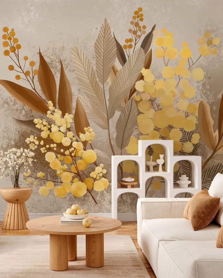 wall murals Осликане гране мимозе и хербаријум у топлим нијансама w05659
