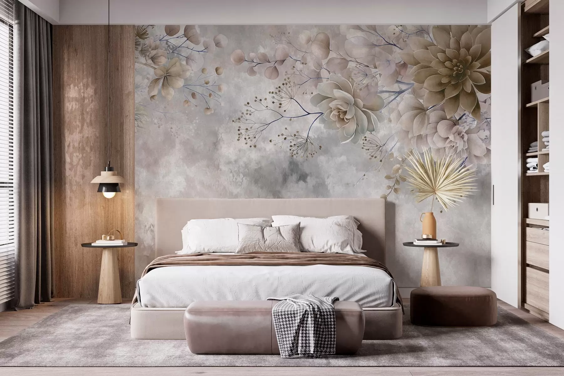 wall murals Фантазијско цвеће у ретро стилу на горњој слици, у нијансама беж и браон боје w05753