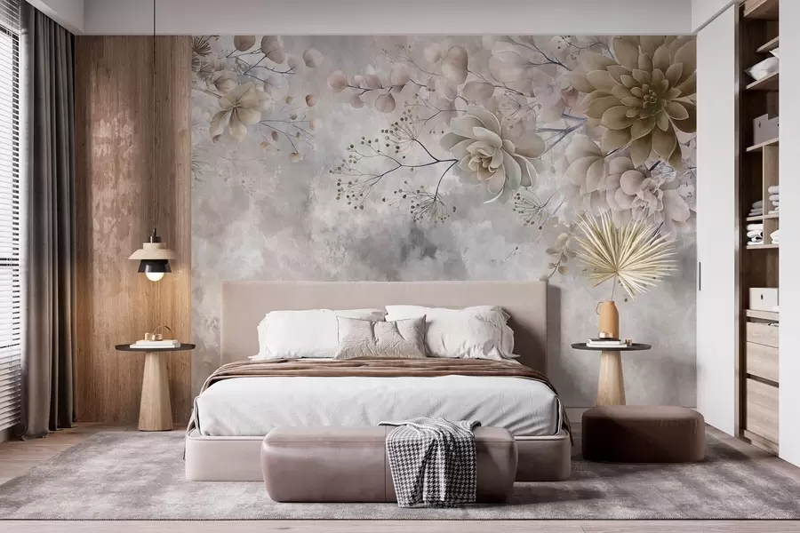 wall murals Фантазијско цвеће у ретро стилу на горњој слици, у нијансама беж и браон боје w05753