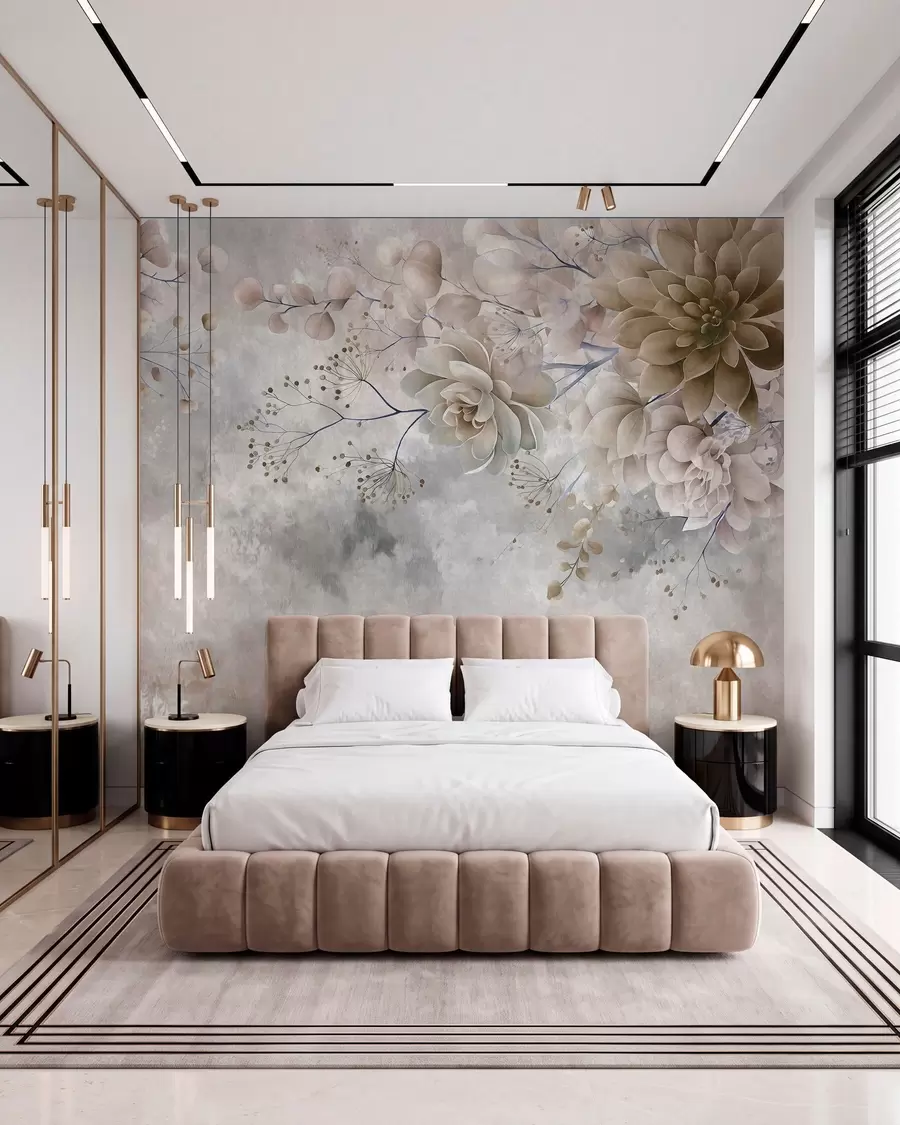 wall murals Фантазијско цвеће у ретро стилу на горњој слици, у нијансама беж и браон боје w05753